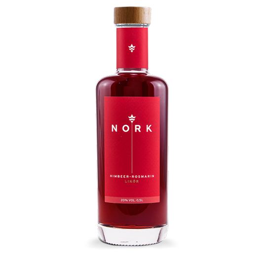 Eine Flasche NORK Himbeer-Rosmarin Likör