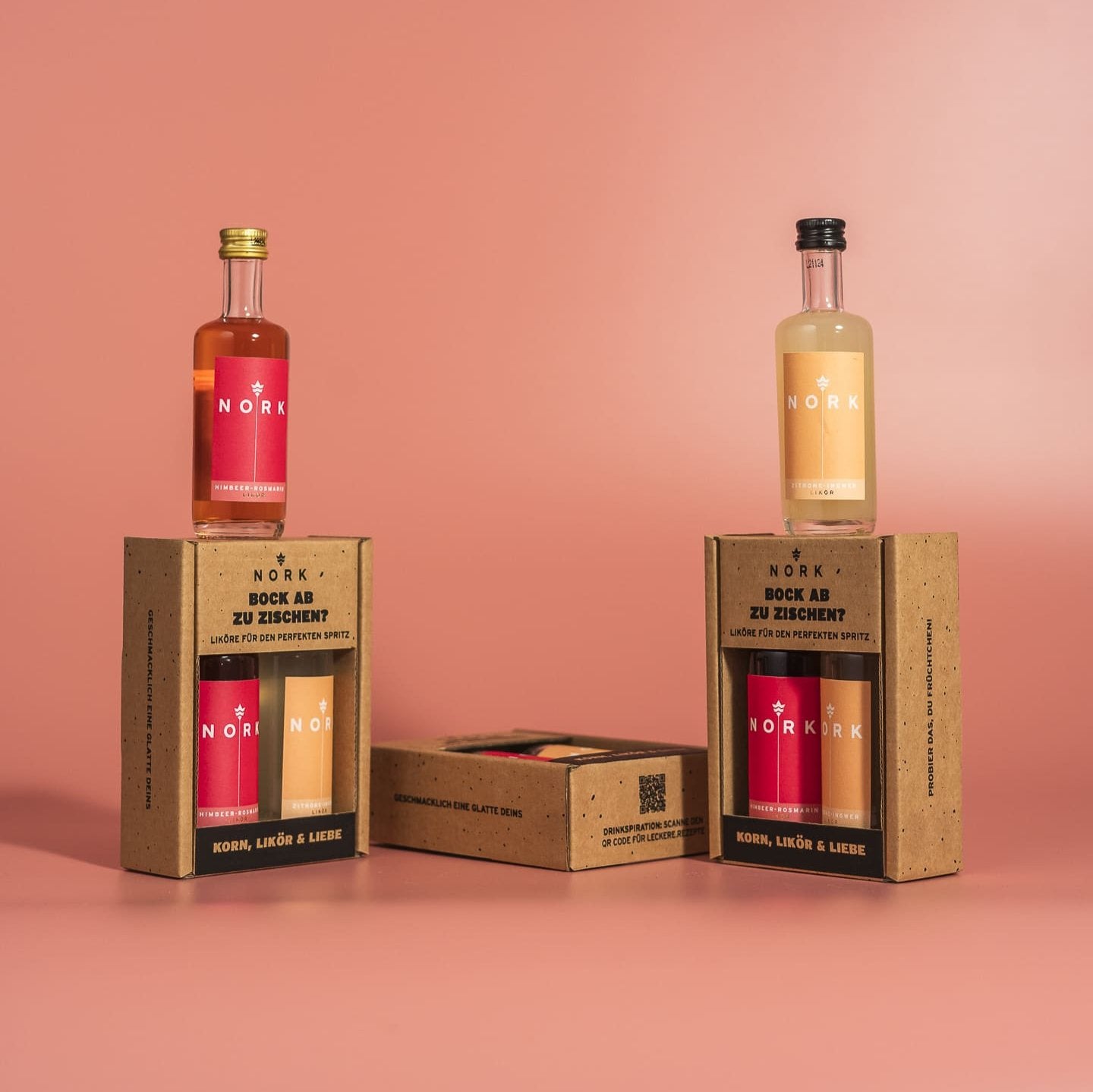 Drei NORK Minisets mit Himbeer-Rosmarin Likör und Zitrone-Ingwer Likör